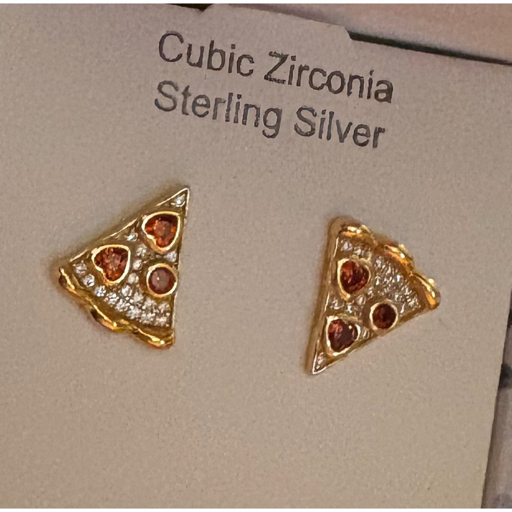 Rachel Zoe Pizza Stud Earrings Gold Sterling Silver Cubic Zirconia Red - Picture 8 of 8